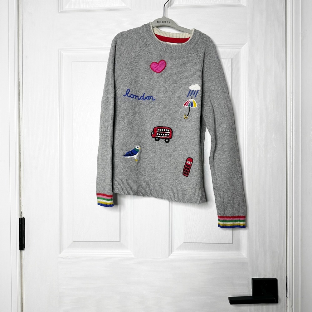 Boden London Embroidered‎ Sweater Grey Pink Heart Bus Umbrella Bird 8-9Y 134cm